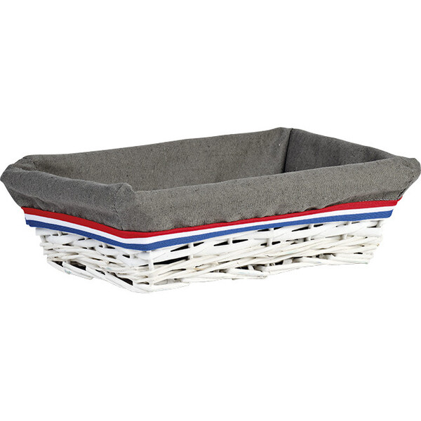 Corbeille osier/bois rectangle blanc TRICOLORE tissu gris liseré bleu/blanc/rouge