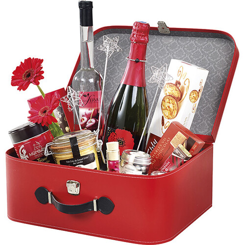 Valise carton rectangle rouge poignée simili...