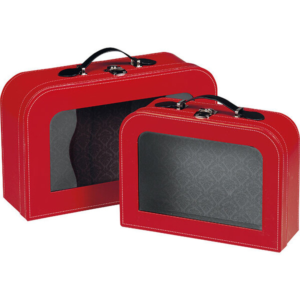Maleta cartão retangular vermelho com janela PET/Asa imitação couro/Fecho metal