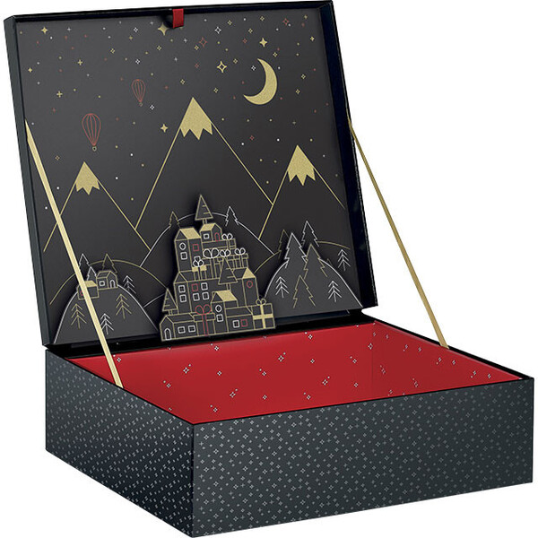 Coffret carton rectangle noir/rouge/vernis sélectif/décor POP-UP VILLAGE intérieur dorure à chaud or