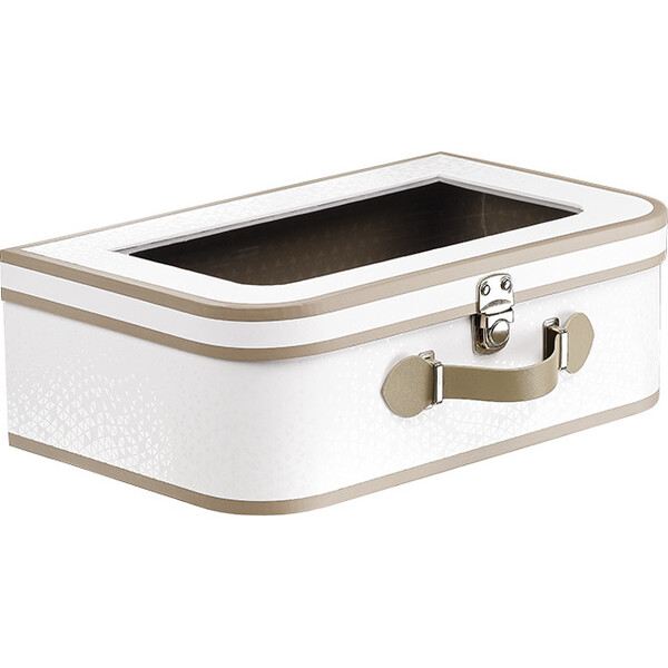 Maleta cartón rectangular LUZ Y SOMBRA blanca/topo/impresión UV asa símil piel/ cierre metálico