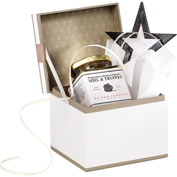 Coffret carton rectangle OMBRE ET LUMIERE blanc/taupe/vernis sélectif ruban grosgrain taupe