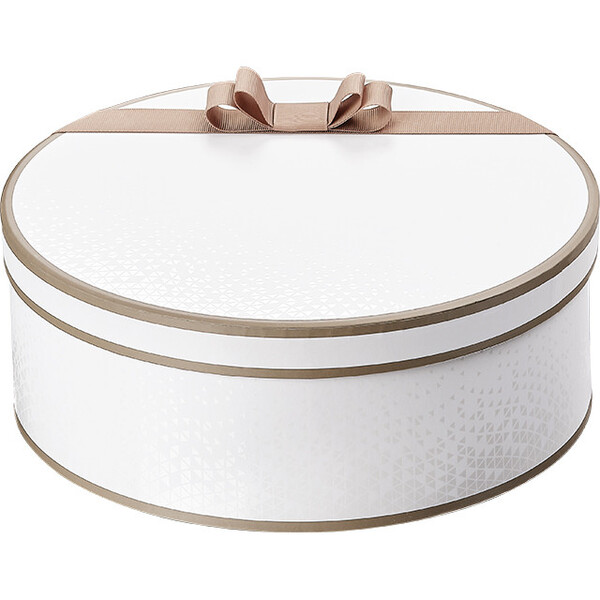 Caja cartón rectangular LUZ Y SOMBRA blanca/topo/impresión UV  asa símil piel/ cinta topo