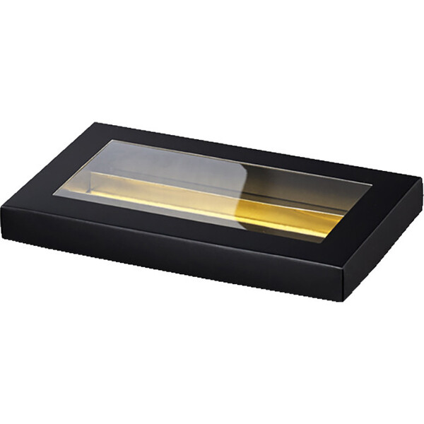 Coffret carton rectangle chocolats 3 rangées noir/or fenêtre PET