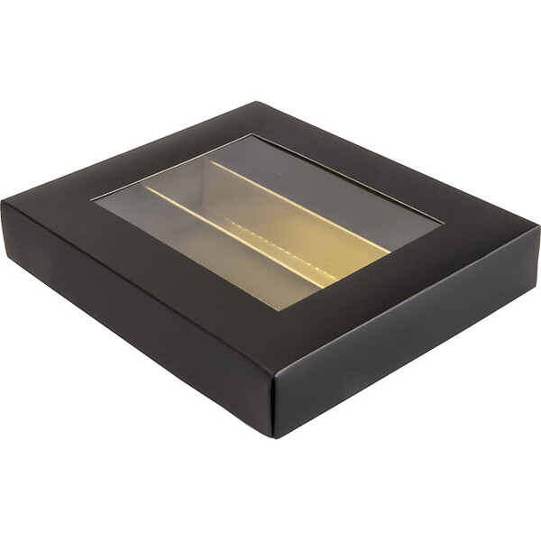 Caja cartón rectangular chocolates 3 filas negro/oro ventana PET