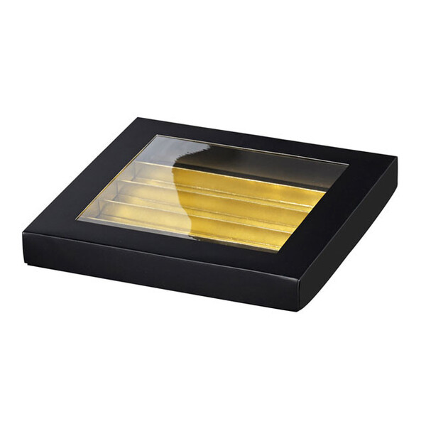 Caja cartón rectangular chocolates 5 líneas negro/dorado separación interior ventana PVC
