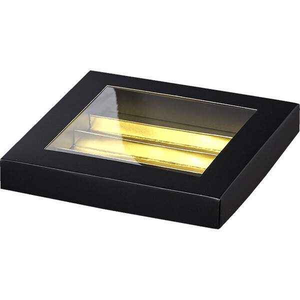 Coffret carton rectangle chocolats 4 rangées noir/or fenêtre PET