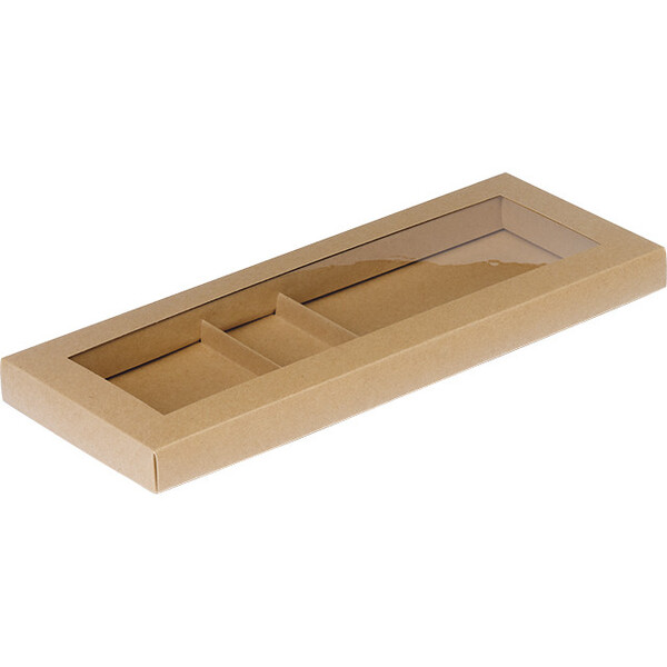 Coffret carton rectangle chocolat 3 compartiments kraft fenêtre PET