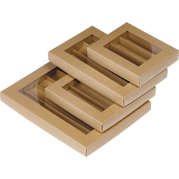 Box cardboard rectangular chocolates 3 rows kraft PET window