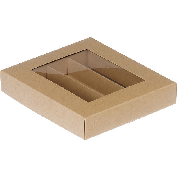 Caja cartón rectangular chocolates 3 líneas kraft ventana PET