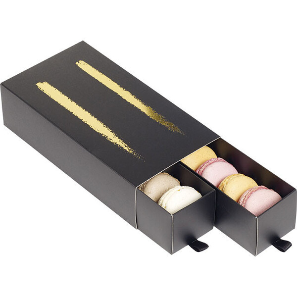 Caja cartón para macarons 2 cajones negro/dorado
