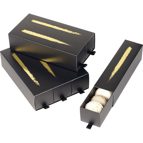 Caja cartón para macarons 2 cajones negro/dorado