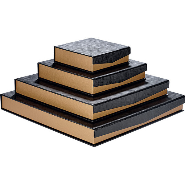 Coffret carton carré chocolats 4 rangées cuivre/noir/vernis sélectif fermeture aimantée