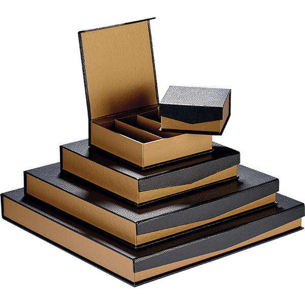 Caja cartón cuadrada chocolates 4 líneas cobre/negro impresión UV cierre magnético