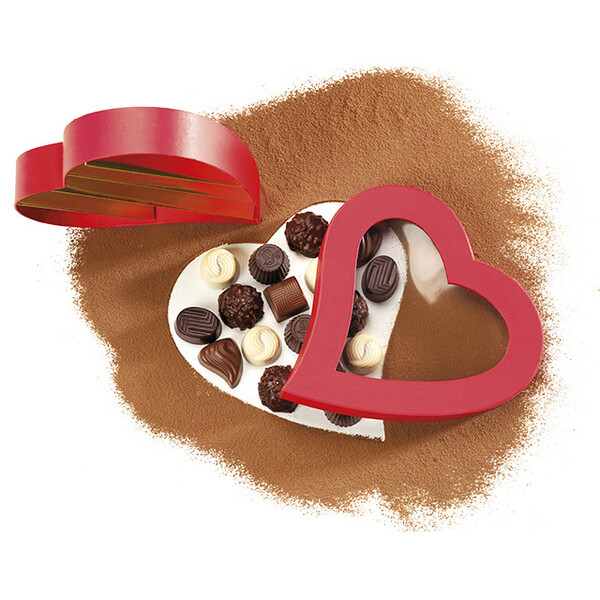 Coffret carton forme coeur chocolats 5 rangées rouge/or fenêtre PET