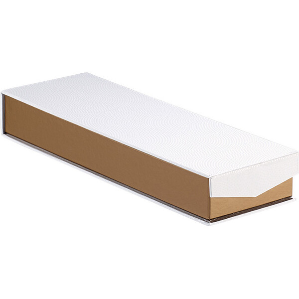 Caja cartón rectangular chocolates 2 líneas cobre/blanco/impresión UV cierre magnético