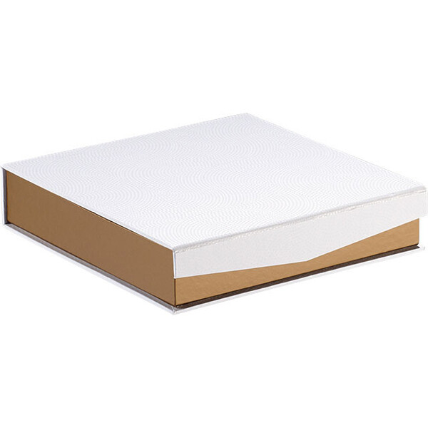 Caixa cartão quadrada chocolates 4 linhas impressão UV cobre/branco fecho magnético