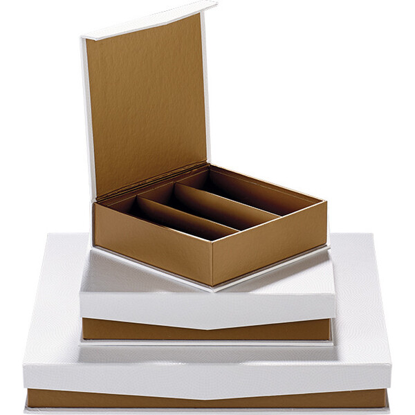 Caixa cartão quadrada chocolates 4 linhas impressão UV cobre/branco fecho magnético
