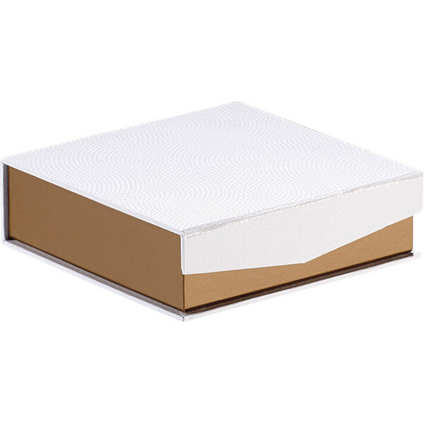 Caja cartón cuadrada chocolates 3 líneas cobre/blanco/impresión UV cierre magnético