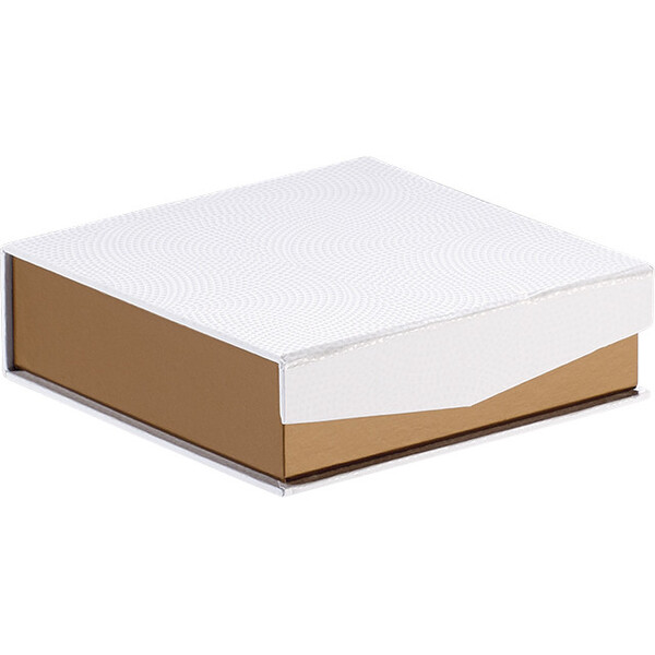 Caja cartón cuadrada chocolates 3 líneas cobre/blanco/impresión UV cierre magnético