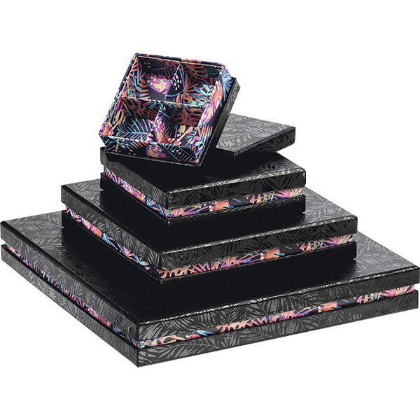 Caixa cartão quadrada chocolates 6 linhas preto/impressão UV/tropical