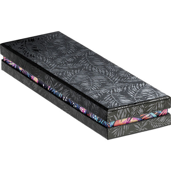 Caja cartón rectangular chocolates 2 líneas negro/impresión UV/tropical