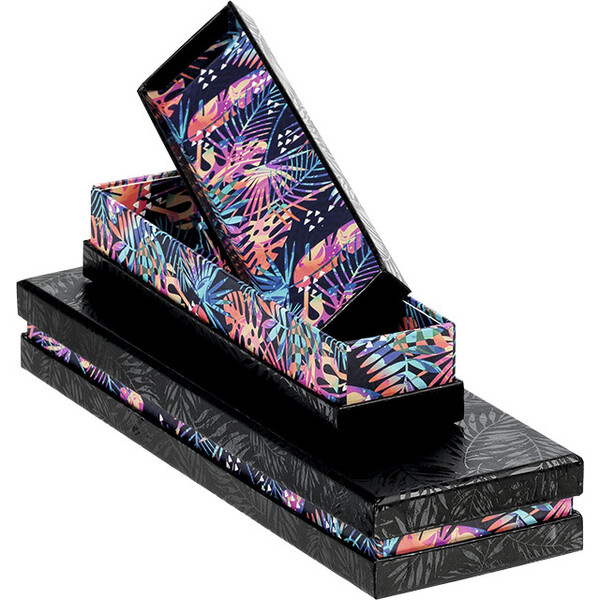 Caja cartón rectangular chocolates 2 líneas negro/impresión UV/tropical