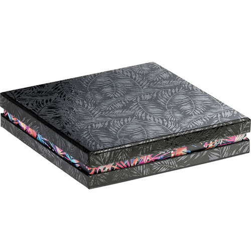 Caja cartón cuadrada chocolates 4 líneas negro/impresión UV/tropical