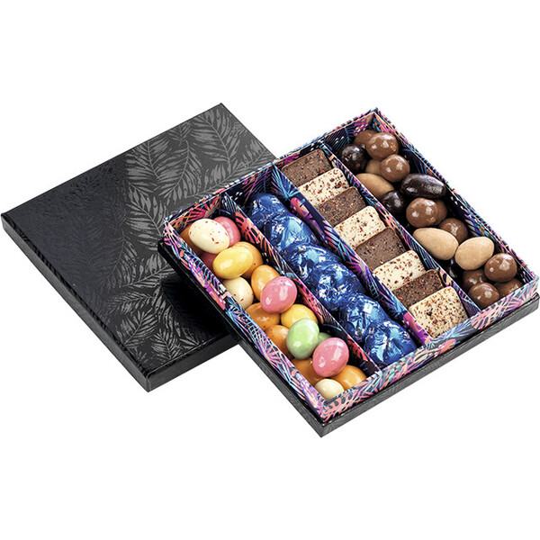 Caja cartón cuadrada chocolates 4 líneas negro/impresión UV/tropical