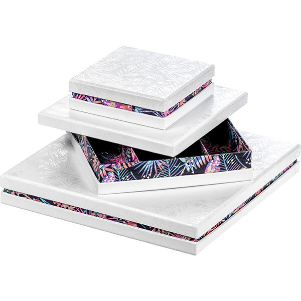Caja cartón cuadrada chocolates 6 líneas blanco/impresión UV/tropical