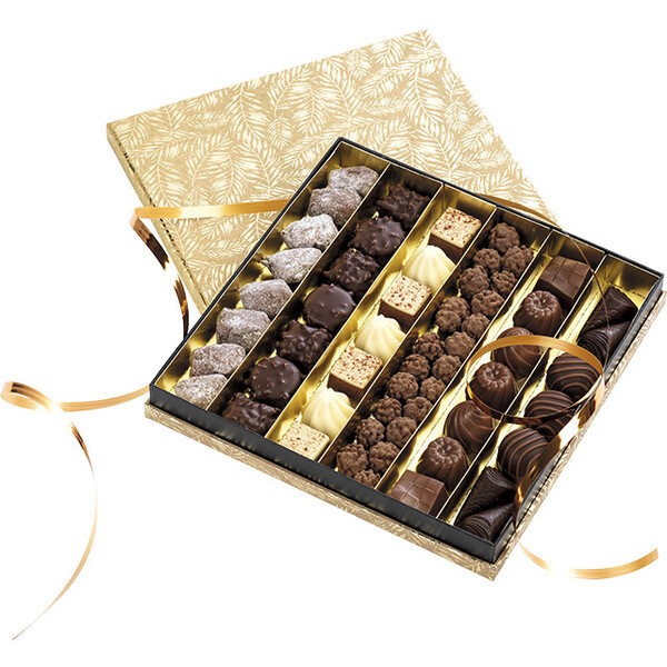 Coffret carton carré chocolats 6 rangées kraft/dorure à chaud or/noir-Les Bonnes Affaires 2026
