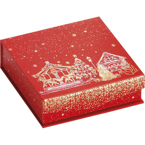 Coffret carton carré chocolats 3 rangées BONNES FÊTES rouge/dorure à chaud  fermeture aimantée