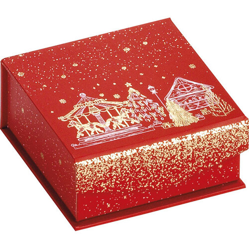 Coffret carton carré chocolats croisillon amovible BONNES FÊTES rouge/dorure à chaud fermeture aimantée