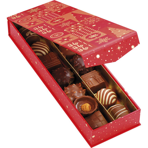 Caixa cartão retangular chocolates 2 linhas MOSAICO FESTIVO vermelho/cor de rosa/estampagem a quente ouro/ fecho magnético