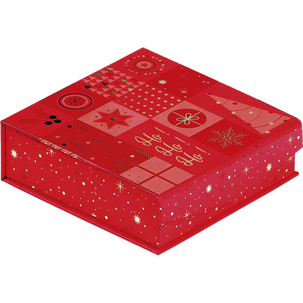 Coffret carton carré chocolats 3 rangées MOSAIQUE FESTIVE rouge/rose/dorure à chaud or fermeture aimant-Les Bonnes Affaires 2026
