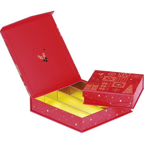Caja cartón rectangular chocolates 3 líneas MOSAICO FESTIVO rojo/rosa/estampación en caliente dorado/cierre magnético