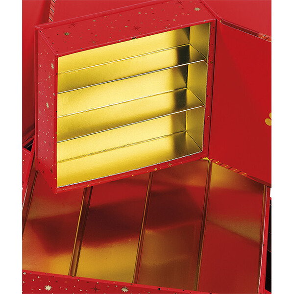 Coffret carton carré chocolats 3 rangées MOSAIQUE FESTIVE rouge/rose/dorure à chaud or fermeture aimant-Les Bonnes Affaires 2026