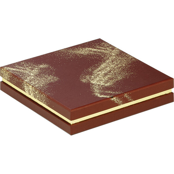 Caja cartón cuadrada chocolates 4 líneas POLVO DE ORO marrón estampación en caliente dorado/cierre magnético