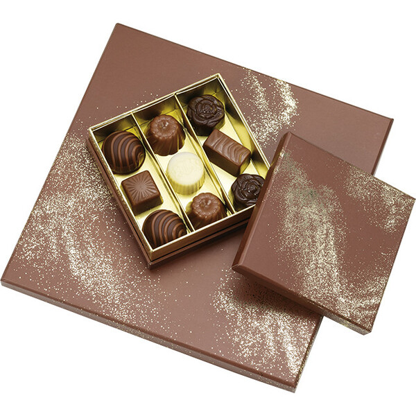 Coffret carton carré chocolats 3 rangées POUDRE D'OR marron/dorure à chaud or