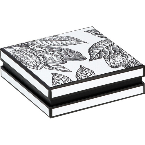 Caja cartón cuadrada chocolates 3 líneas PRESTIGIO CACAO blanco/negro