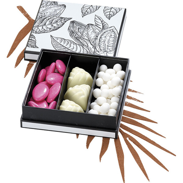 Caixa cartão quadrada chocolates 3 linhas PRESTIGIO CACAU branco/preto