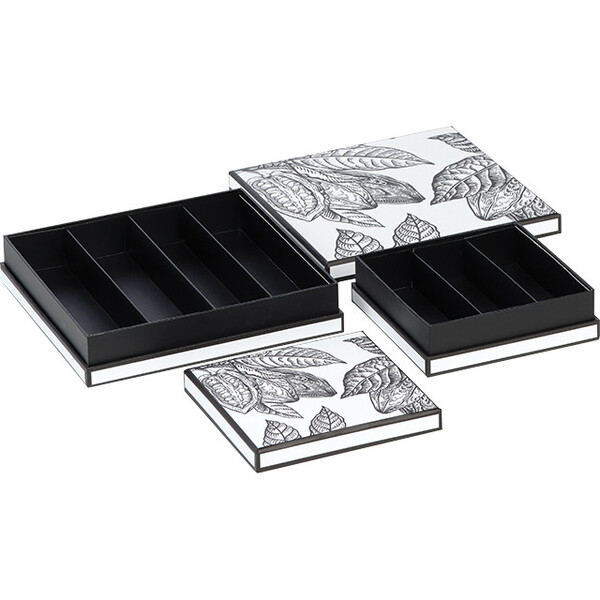 Coffret carton carré chocolats 3 rangées PRESTIGE CACAO blanc/noir-Les Bonnes Affaires 2026