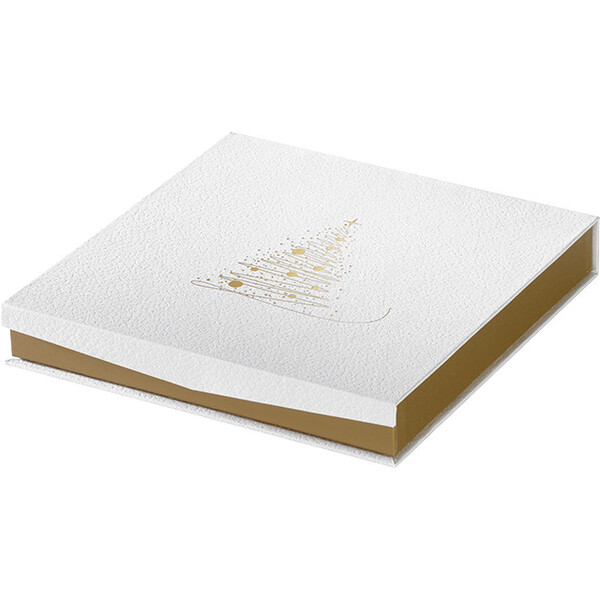 Caixa cartão quadrada de chocolates 6 linhas BRILHOS DE OURO textura branco/estampagem a quente ouro fecho magnético