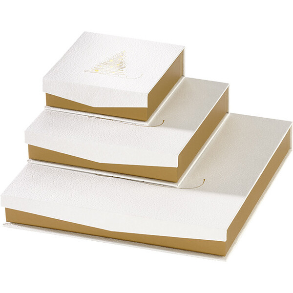 Caja cartón cuadrada chocolates 6 líneas CHISPAS DE ORO textura blanco/estampación en caliente dorado cierre magnético