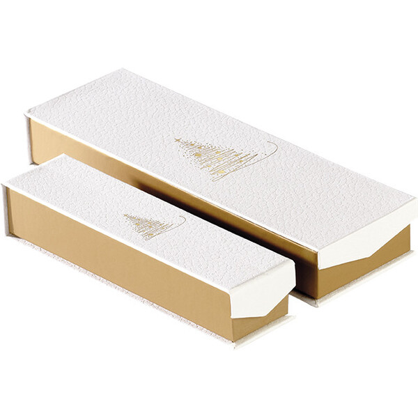 Caja cartón rectangular chocolates 2 líneas CHISPAS DE ORO textura blanco/estampación en caliente dorado cierre magnético