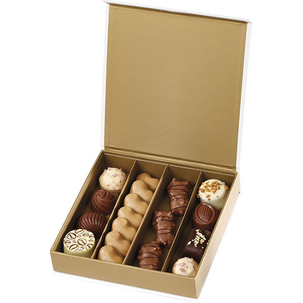 Coffret carton carré choco 4 rangées ECLATS DORES texture blanc/dorure chaud or ferm. aimant
