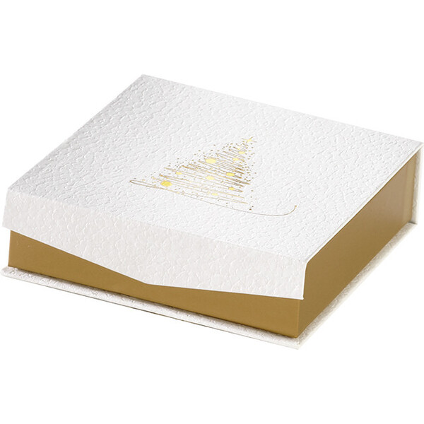 Coffret carton carré choco 3 rangées ECLATS DORES texture blanc/dorure chaud or ferm. aimant