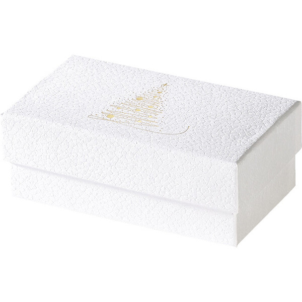 Caja cartón estuche chocolates CHISPAS DE ORO textura blanco/estampación en caliente dorado 3 separadores oro