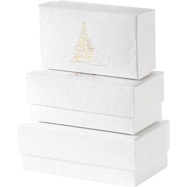 Caja cartón estuche chocolates CHISPAS DE ORO textura blanco/estampación en caliente dorado 3 separadores oro