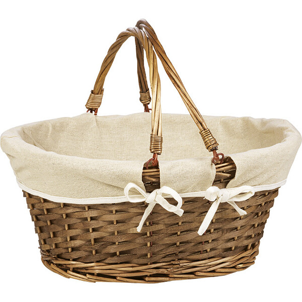 Basket wicker/wood oval brown cream fabric lining foldable handles